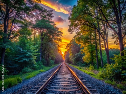 Captivating Low Light View of Railroad Tracks Framed by Lush Trees, Evoking a Sense of Serenity and Mystery in Nature's Embrace During Dusk and Twilight Hours