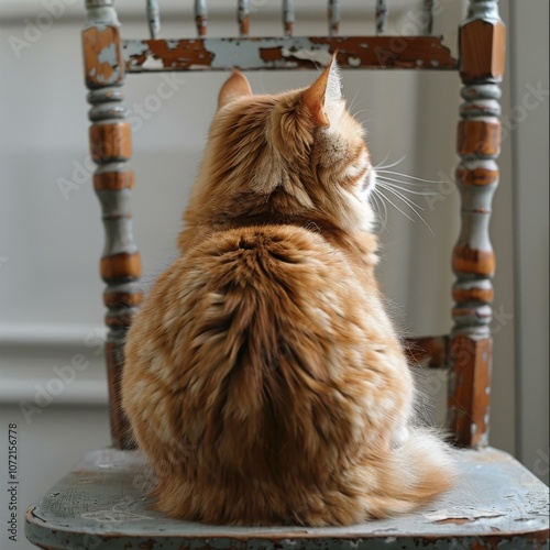 ginger cat sitting on a wooden chair looking out the window photo