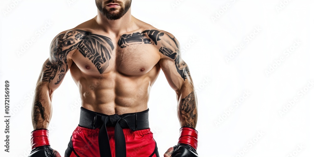 Muscular fighter with tattoos and boxing gloves, red shorts, intense expression Muscular fighter with tattoos and boxing gloves, red shorts, intense expression