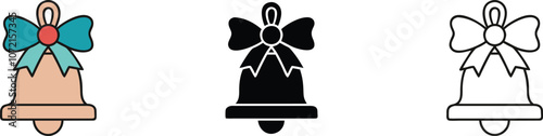 Bell with Bow, Colored, Black, and Outline