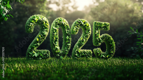 2025 Year Symbol Made of Leaves in a Vibrant Forest Landscape photo