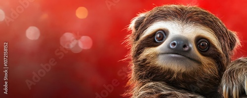 Adorable sloth with a bewildered expression, eyes wide and mouth slightly open, on a red background, cute and whimsical