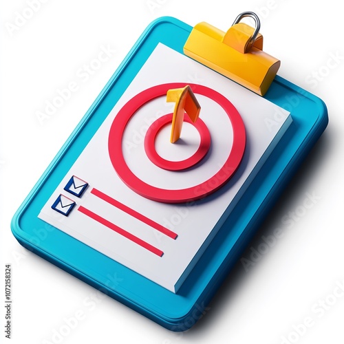 A 3D clipboard icon featuring business goals and project plan photo