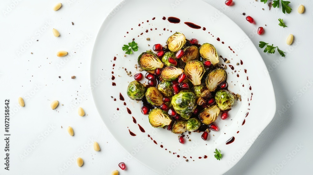 Roasted Brussels Sprouts with Pomegranate Seeds: Top View on White Ceramic Platter, Enhanced by Balsamic Glaze and Pine Nuts. Clean, Sharp Focus, Studio Lighting. Roasted Brussels Sprouts with Pomegranate Seeds: Top View on White Ceramic Platter, Enhanced by Balsamic Glaze and Pine Nuts. Clean, Sharp Focus, Studio Lighting.