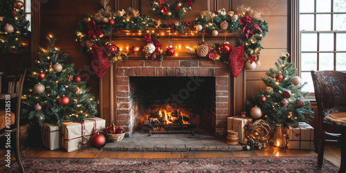 Vintage-style Christmas fireplace, decorated with traditional ornaments and garlands, surrounded by festive decorations, gift boxes, and evergreen trees. Inviting atmosphere for holidays.