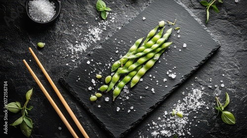 Steamed Edamame Pods on a Minimalist Black Stone Plate: Elegant Food Photography with Sea Salt Crystals and Bamboo Chopsticks in a Clean, Natural Lighting Composition.