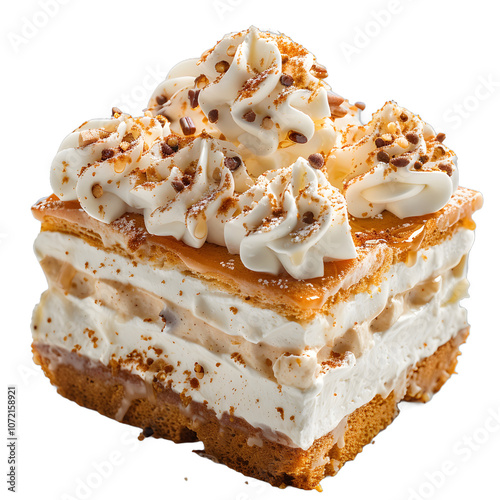 [Transparent Background PNG]A decadent slice of cake with layers of cream and caramel photo