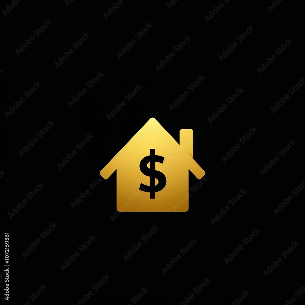 Obraz premium Minimalistic golden silhouette of house icon with dollar symbol inside, symbolizing real estate sale on black background