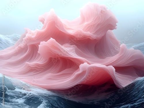 A stunning digital artwork showcasing a large, pink cloud-like formation rising from turbulent ocean waves, creating a dreamlike and surreal atmosphere. photo