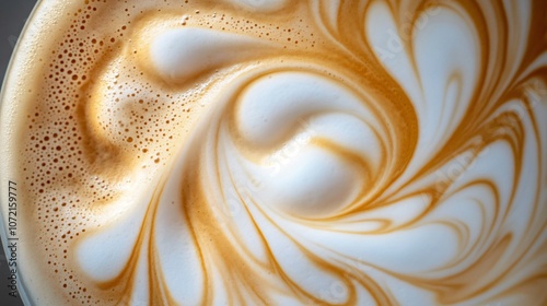 Beautiful Close-Up of Coffee with Milk Swirls Creating Intricate Patterns in a Latte Art Design Ideal for Beverage, Culinary, and Aesthetic Photography photo