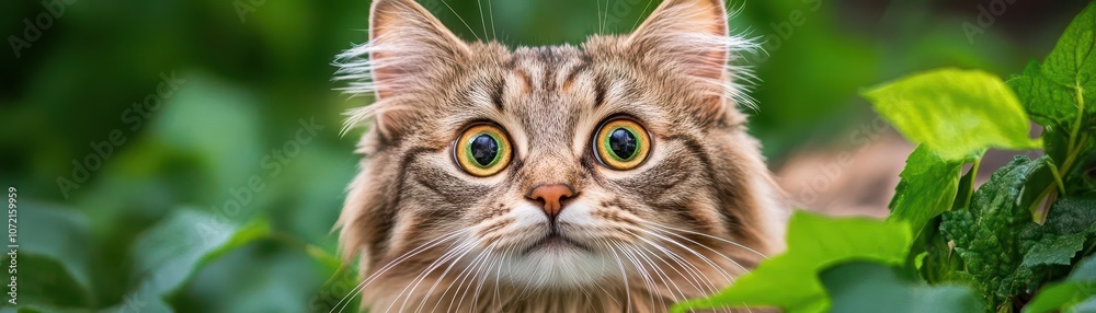 Cute cat with an astonished expression, ears back and wide eyes, on a green background, whimsical and lively Cute cat with an astonished expression, ears back and wide eyes, on a green background, whimsical and lively