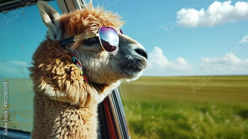 A llama wearing sunglasses peeks out of a car window against a scenic landscape.