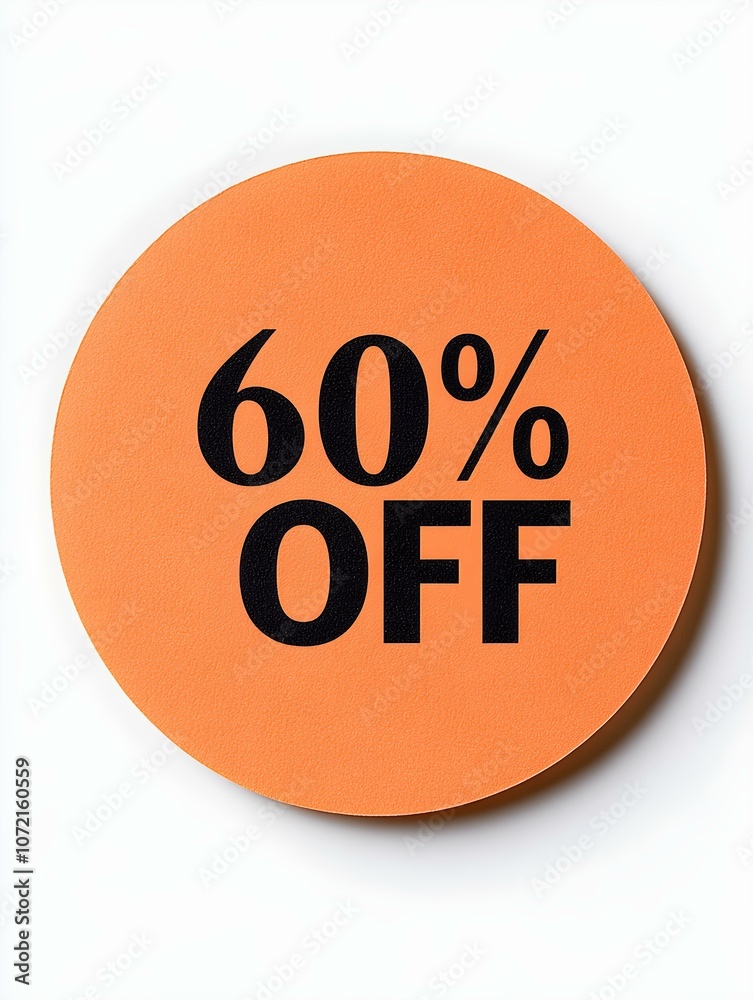 Black '60% OFF' Text on a Light Orange Round Paper Note. White Background Black '60% OFF' Text on a Light Orange Round Paper Note. White Background