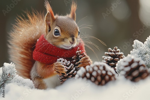 Fluffy squirrel wearing a cozy red scarf and mittens gathers pinecones in winter wonderland photo