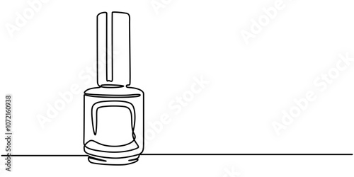 Nail varnish one line drawing on white isolated background for store, banner and business card. Linear art. Vector illustration, Bottle of nail polish as one line drawing banner. Continuous hand drawn