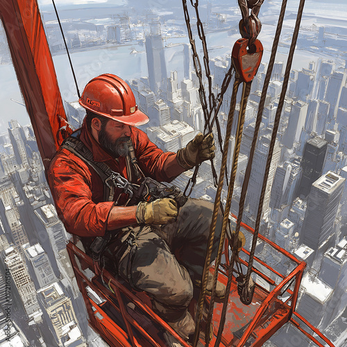 A crane technician in a hard hat and harness works diligently to tighten bolts on the machinery high above a bustling city, emphasizing construction safety and detail photo