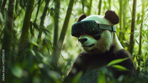 A panda wearing virtual reality goggles is standing in a forest. Concept of adventure and exploration, as the panda is equipped with technology to experience the world in a new way