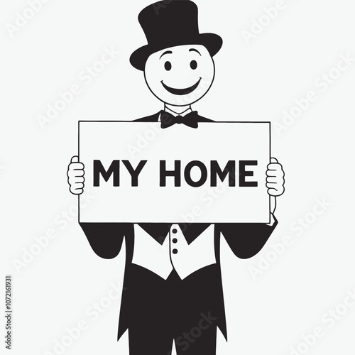 a cartoon black silhouette of a man holding a sign that reads MY HOME