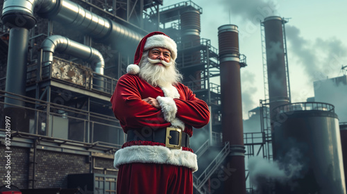 A man dressed as Santa Claus standing in front of an industrial plant photo