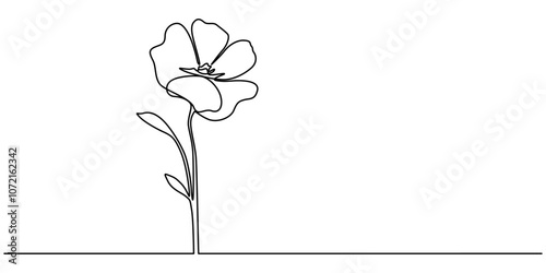 One line poppy flower drawing, Poppy, Remembrance Day or Veterans Day Continuous Line Drawing with Editable Stroke and Copy Space, Flower, floral leaf one line art. Editable stroke eucalyptus branch.