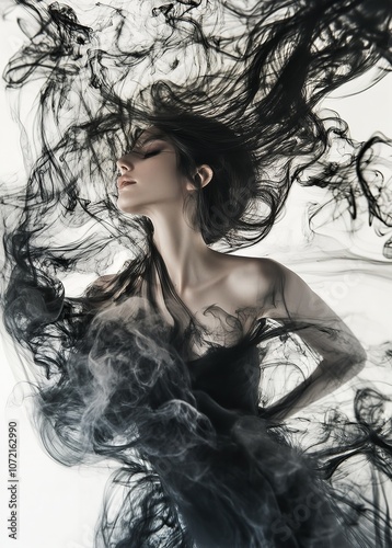 A beautiful woman made of smoke with multiple layers and black accents photo