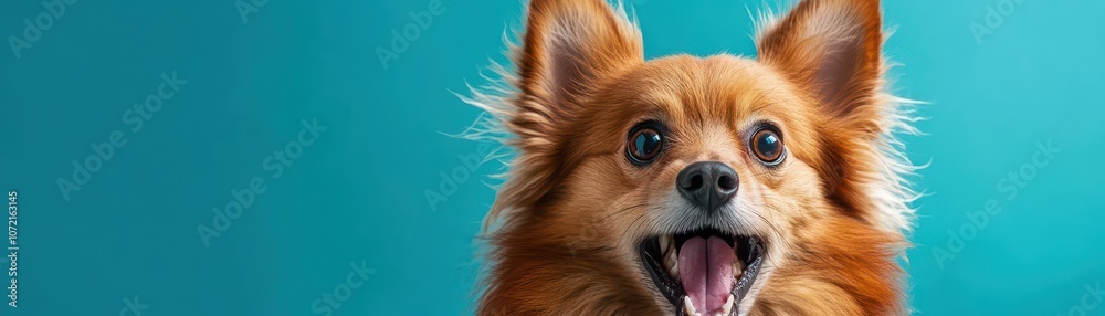 Fluffy dog with a shocked face, mouth open in surprise, on a blue background, adorable and dynamic pet portrait Fluffy dog with a shocked face, mouth open in surprise, on a blue background, adorable and dynamic pet portrait