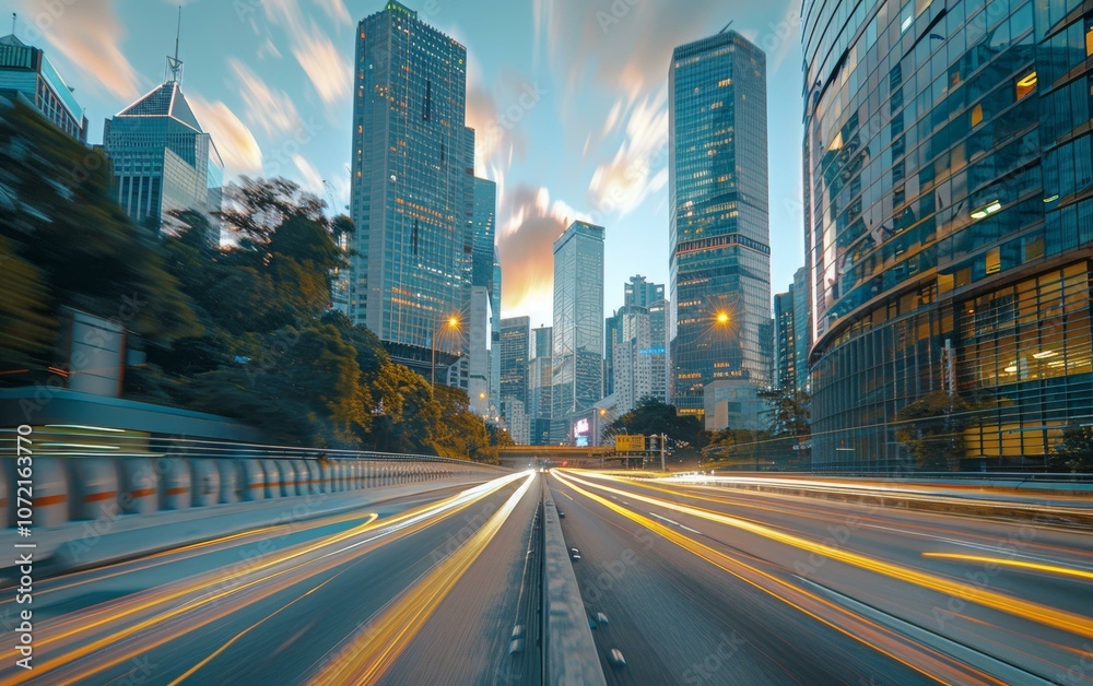 Naklejka premium Hong Kong city street with light trails at sunset