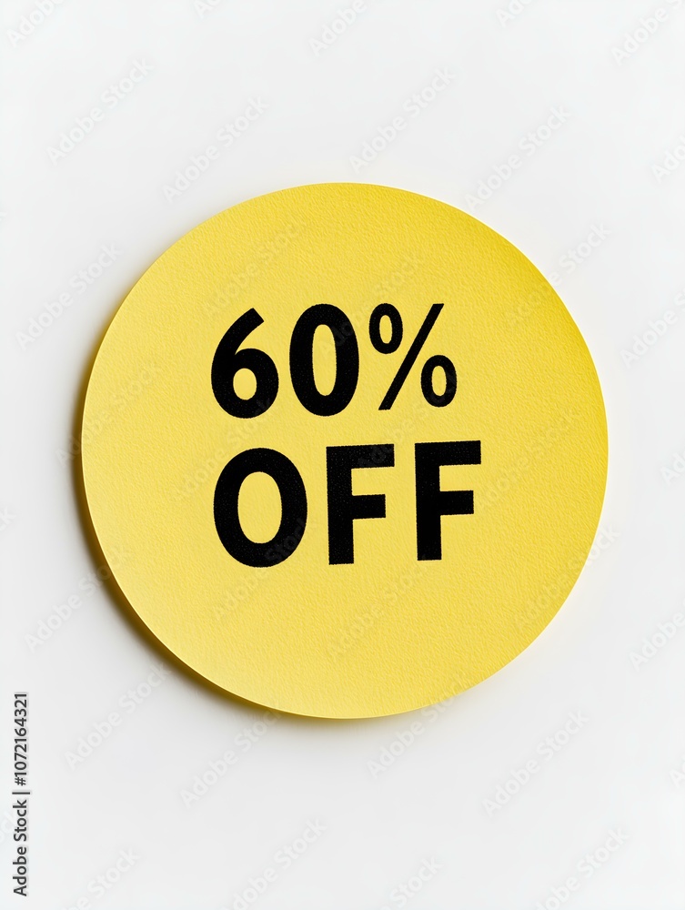 Black '60% OFF' Text on a Light Yellow Round Paper Note. White Background Black '60% OFF' Text on a Light Yellow Round Paper Note. White Background