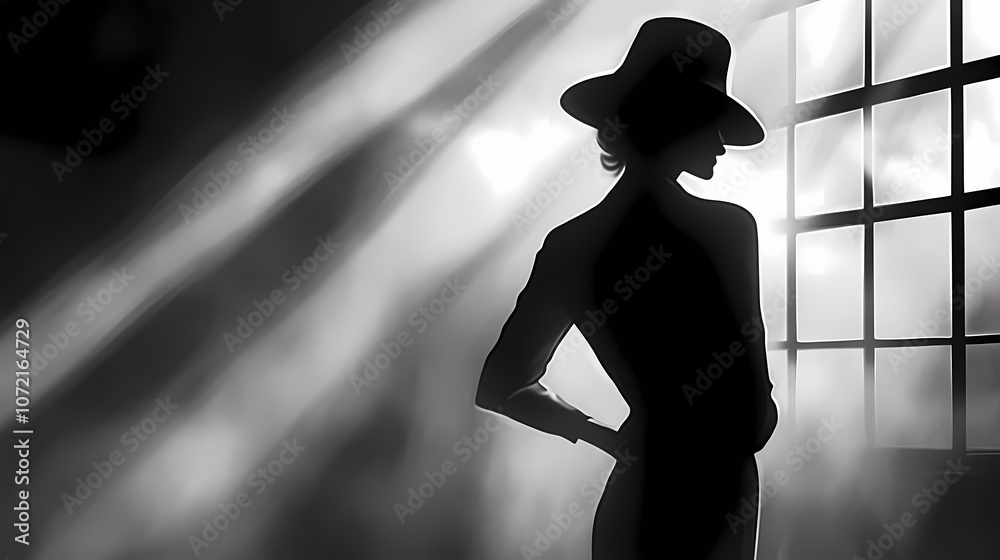Silhouetted in mist, a mysterious woman exudes an aura of enigma. film noir. illustration. Noir. Illustration Silhouetted in mist, a mysterious woman exudes an aura of enigma. film noir. illustration. Noir. Illustration