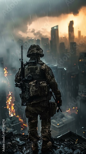 Soldier standing on a rooftop overlooking a city during a rainstorm