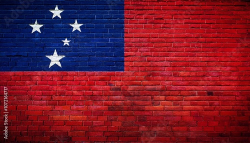 サモアの国旗がペイントされたレンガの壁。(Brick wall painted with the Samoa flag.)
 photo