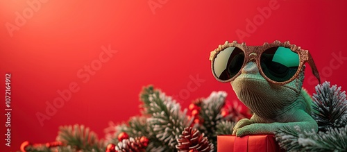 Cool Chameleon Celebrating Christmas with Sunglasses on Solid Color Background – Minimalist Abstract Panorama