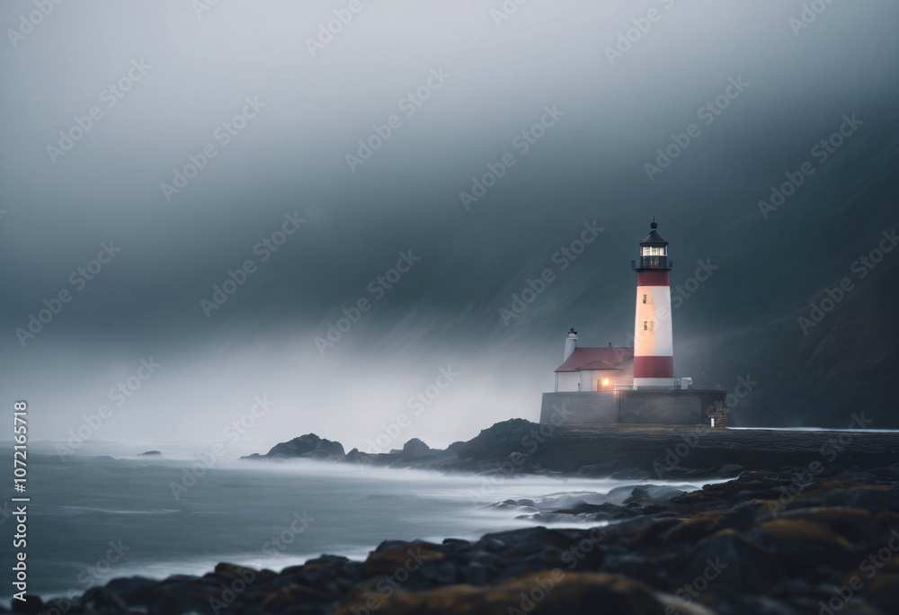 Lighthouse standing resilient against crashing waves during a foggy morning along the rugged coastline