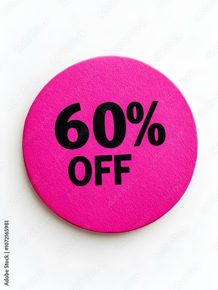 Black '60% OFF' Text on a Magenta Round Paper Note. White Background Black '60% OFF' Text on a Magenta Round Paper Note. White Background