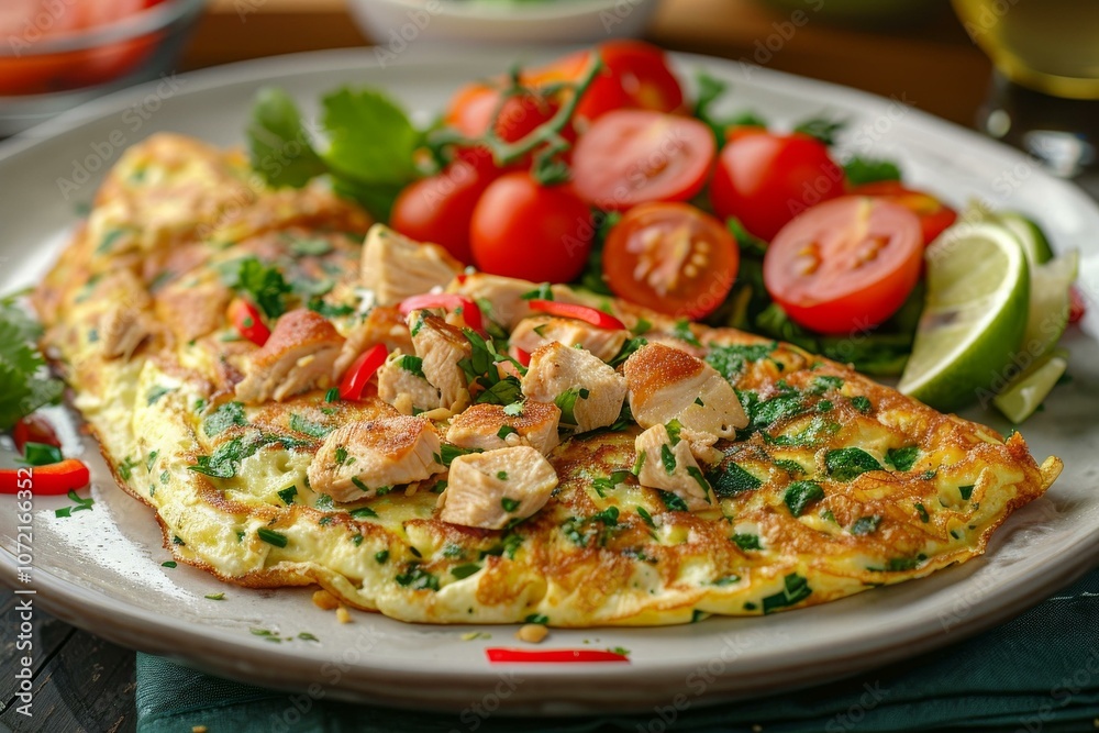 Omelette stuffed with chicken, tomatoes and herbs served with fresh salad Omelette stuffed with chicken, tomatoes and herbs served with fresh salad