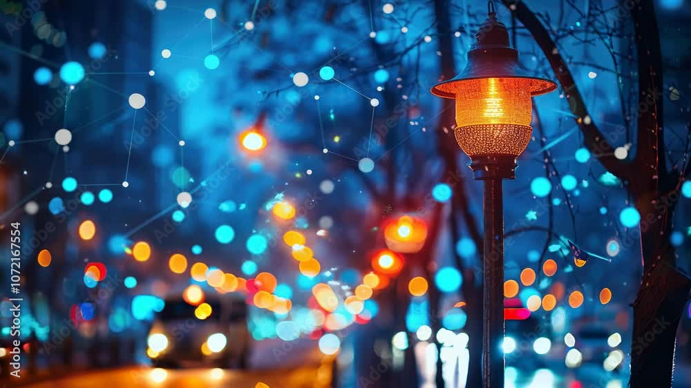 Urban night scene with glowing street lamp and bokeh effects