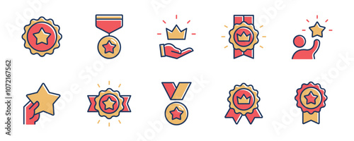 success achievement badge award icon set winner medal certified gold premium ribbon reward emblem signs vector illustration