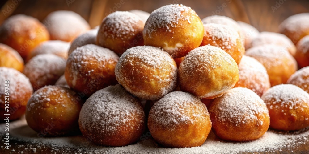 A close-up of a stack of golden brown fried dough balls, dusted with powdered sugar, and arranged on a rustic wooden surface. A close-up of a stack of golden brown fried dough balls, dusted with powdered sugar, and arranged on a rustic wooden surface.