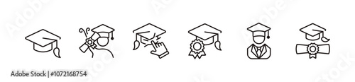 student graduation hat icon set education school achievement college diploma graduate cap and certificate scroll license success ceremony signs vector outline illustration
