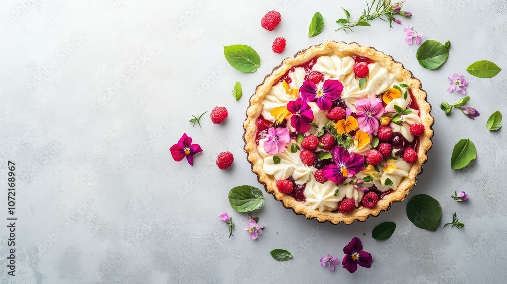 Fototapeta premium Floral fruit tart with raspberries and edible flowers on light background