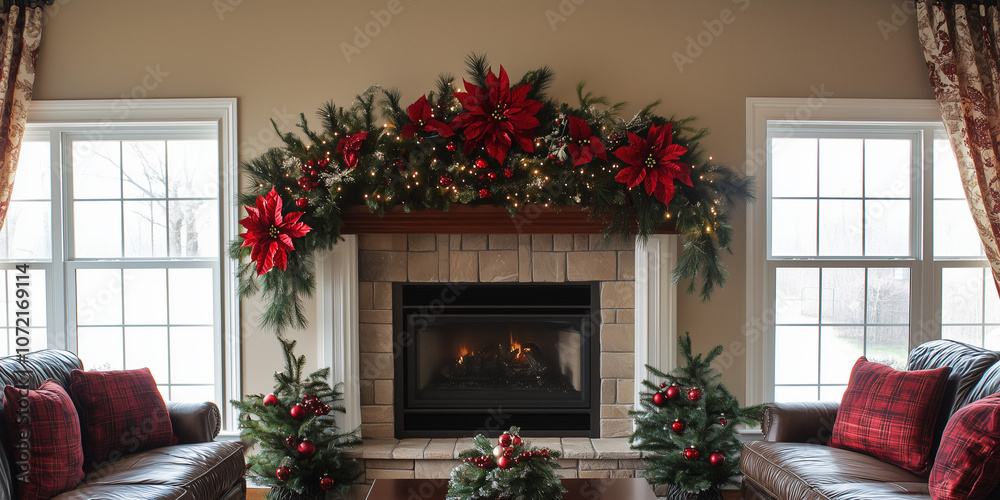 Cozy Christmas-decorated fireplace in a home living room, adorned with red and green decorations, poinsettias, and lights. Natural light streams in from large windows. Cozy Christmas-decorated fireplace in a home living room, adorned with red and green decorations, poinsettias, and lights. Natural light streams in from large windows.
