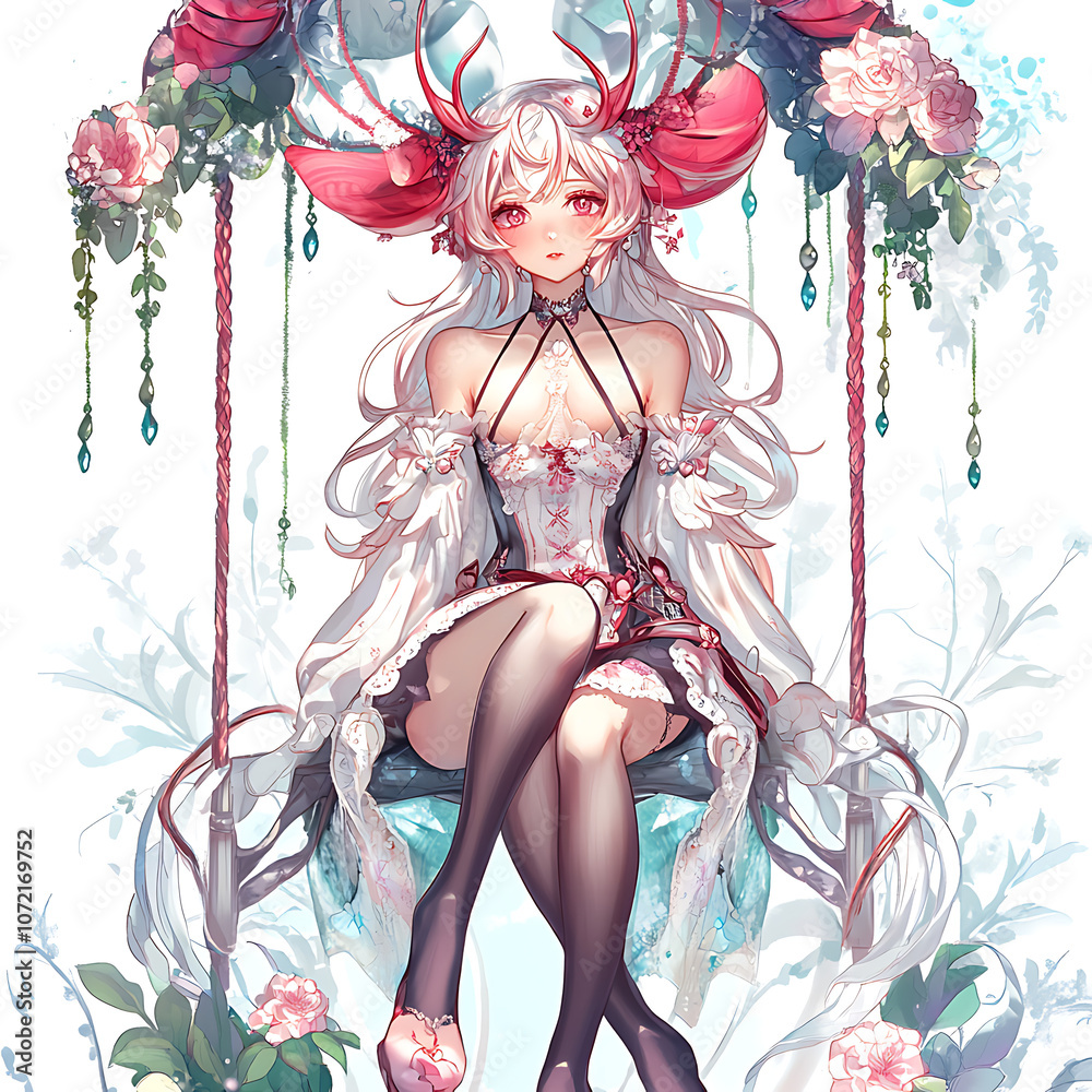 Elegant Fantasy Character Sitting on a Flower-Adorned Swing, Featuring Intricate Costumes, Beautiful Hair, and Stunning Decorative Elements in a Magical Setting Elegant Fantasy Character Sitting on a Flower-Adorned Swing, Featuring Intricate Costumes, Beautiful Hair, and Stunning Decorative Elements in a Magical Setting