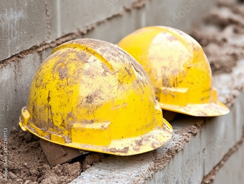 Two worn yellow construction helmets on a building site with dirt around them. photo