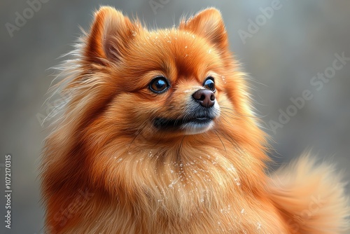 Adorable pomeranian with thick orange fur dusted with crystalline snow captivates dog lovers everywhere photo