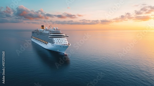 Cruise ship gliding over calm seas at sunset, vibrant sky and water reflections, perfect for travel inspiration and adventure themes photo