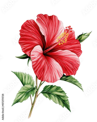 Vibrant red hibiscus flower with lush green leaves, isolated on white background. PNG, Transparent, No background
