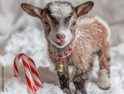 Cute pygmy goat kid wearing a jingle bell necklace perfectly captures holiday cheer photo