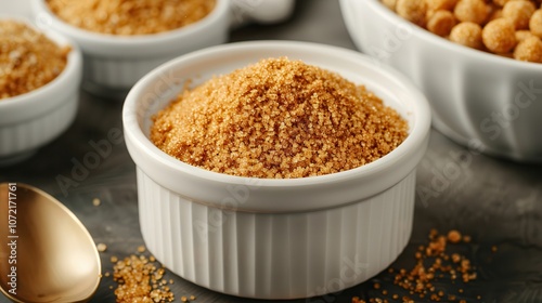 Brown sugar vegan powder. A bowl of brown sugar-like granulated substance sits on a table, surrounded by small bowls of various ingredients, suggesting a culinary context. photo