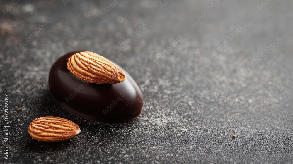 Chocolate-covered almond on dark textured surface