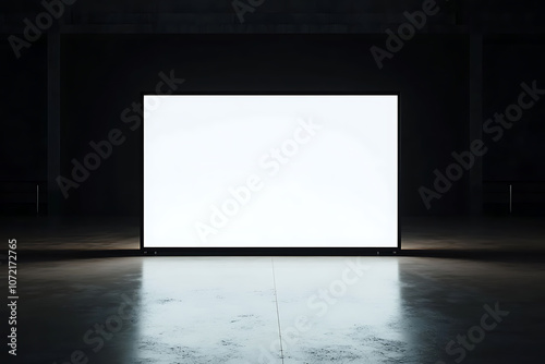 Front view of blank white glowing digital screen in dark hall interior with concrete floor and black wall. Presentation concept. Mockup, closeup, 3D Rendering 